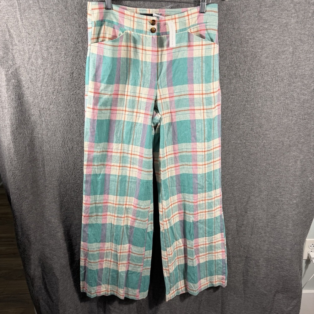 Women's Plaid Wide Leg Linen Blend Pants Size M Preppy Golf City Beach Boho